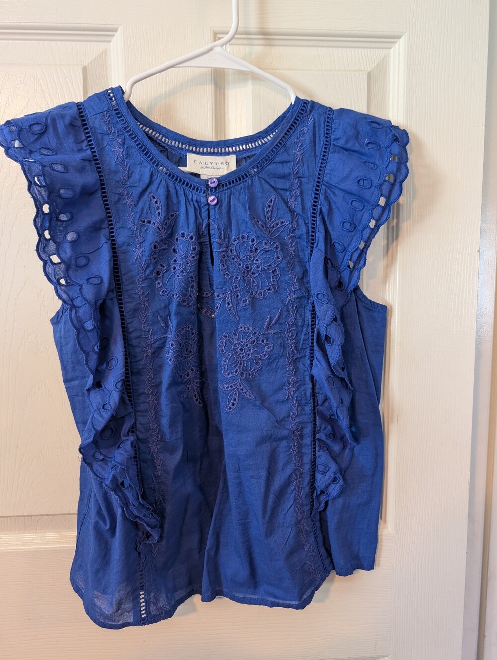 NWT M Calypso St. Barth Dodgerish Blue Embroidered Ruffle Sleeve Top JCB09